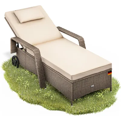 Image de Casaria® Chaise longue en polyrotin Beige coussin 7cm 2 roulettes Max 160kg Dossier réglable Bain de soleil jardin