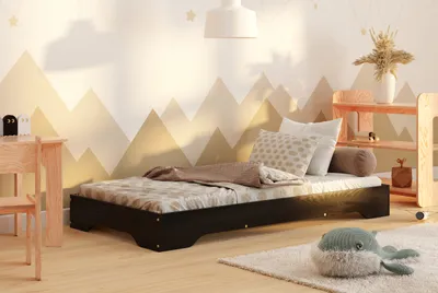 Produktbild von Bodenbett Kinder 90x190 mit Rausfallschutz Schwarz - Montessori Kinderbett mit Lattenrost - Holzbett für Kinder und Erwachsene - Smartwood Tila 7