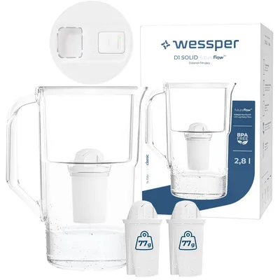 Imagen del producto de Jarra filtrante Wessper D1 SOLID FutureFlow™ de 3,3 litros, color blanco, con indicador LED y 3 filtros aquaclassic
