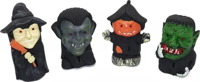 Four Halloween-themed finger puppets are arranged in a line against a white background.