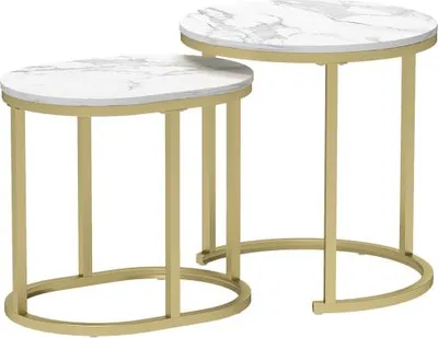 Produktbild von Weiss Couchtisch Rund 2er Set 50x50x50.5cm Stapelbarer Beistelltisch Mit Stahlrahmen Kaffeetisch Wohnzimmertisch MDF