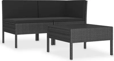 Image de vidaXL Ensemble de salon de jardin 3 pièces avec coussins Poly rotin noir