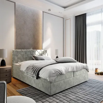 Produktbild von Masseno Boxspringbett RIVA 180x200 cm Komplett-Set mit Bonell Matratze und Topper, Polsterbett mit Bettkästen -Hellgrau, MAGIC VELVET 2240