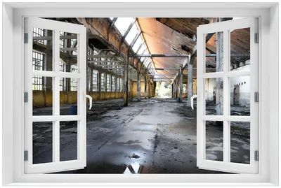 Produktbild von Wallario Premium Glasbild mit Fensterrahmen, freischwebende Optik, kräftige Farben, Größe 60 x 90 cm Motiv Alte Industriehalle  leerstehend und einsam