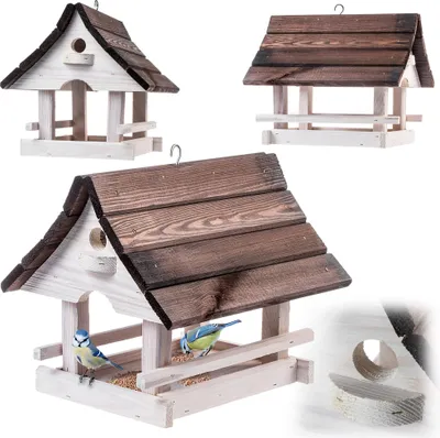 Produktbild von KADAX Vogelhaus zum Aufhängen, Vogelfutterhaus aus Holz, wetterfest Futterhaus für Vögel im Garten & Balkon, Vogelhäuschen, Vogelfutterstation Weiß-Dunkelbraun