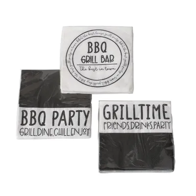 Produktbild von 3 x 20 Servietten Grillen BBQ 'BBQ Party' Weiß, Schwarz 3-lagig 33 x 33 cm