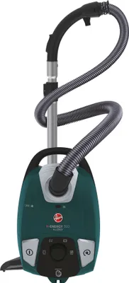A green and gray Hoover vacuum cleaner is shown against a white background.