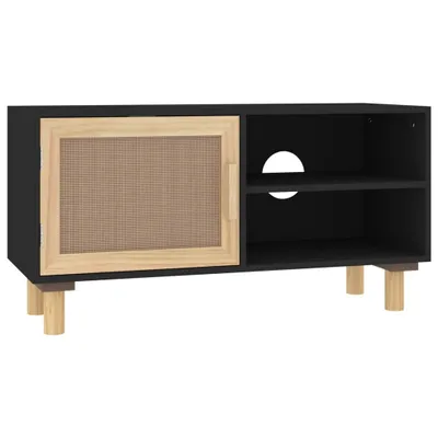 Produktbild von vidaXL TV-Schrank Schwarz 80x30x40 cm Massivholz Kiefer Natur-Rattan