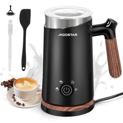 A black electric milk frother with a wood-grain handle, shown with accessories and a cup of latte art coffee.