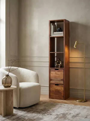 Wandregal Sheesham Massivholz natur 35x30x150 cm Wohnidee Bibliothek / Lesezimmer Einrichtungsidee stilvoll kombinieren mit Schublade Design Möbel Inspiration Wohnen Interior Zuhause_#sku_SAFWL6.522#