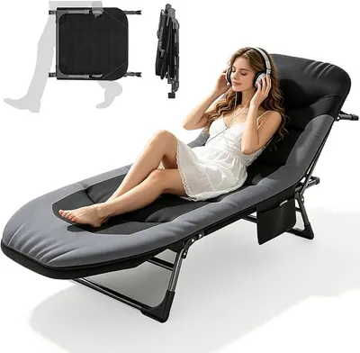 Imagen del producto de Cama de camping plegable, silla para pescadores de 190x65x30 cm con almohada para el cuello y bolsillo lateral, ajustable en 6 posiciones, soporta hasta 150 kg, cama plegable ligera para invitados, ideal para jardín y actividades al aire libre (negra)