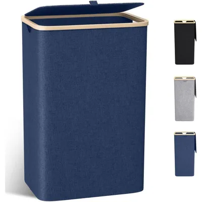 Productafbeelding van Wasmand 100 liter, marineblauw, met bamboe deksel en waszak