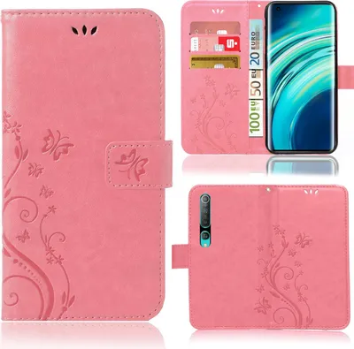 Produktbild von Handy Tasche für Xiaomi Mi 10 / Mi 10 Pro Schutz Hülle Handyhülle mit Blumenmuster Klapp Hülle mit Standfunktion und Kartenfächer Rosa