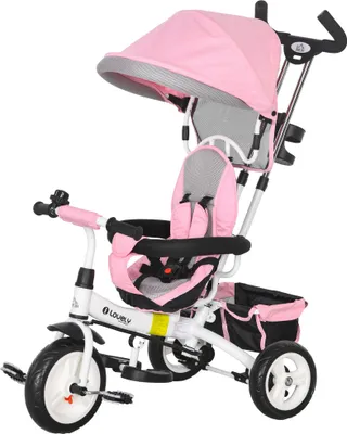 Produktbild von 6-in-1 Kinderdreirad mit Schiebestange, Dach, Gurt, Ablagekorb, für 1-5 Jahre, Rosa