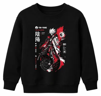 Obrázok produktu pre Tričko s kapucňou pre deti, štýl anime, motív "Balancer Yin Yang", dizajn katany, japonský štýl, retro (štýl rokov 2000), motívy z mangy, čierna farba, veľkosť 116