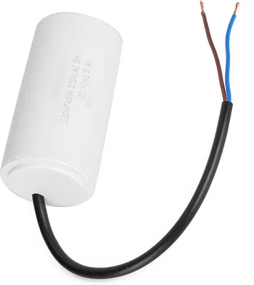 A white cylindrical capacitor with two wires attached, lying on a white background.