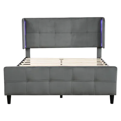 Produktbild von 16-farbige LED-Bett, Doppelbett mit Steppmuster, 3-höhenverstellbarer Bettkopf, Samt, Grau, 140x200cm
