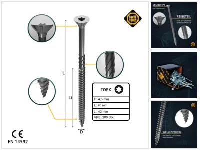 Obrázok produktu pre FORTE Tools Univerzálna skrutka do dreva 4,5 x 70 mm T20 200 ks ( 000040113876 ) strieborná pozinkovaná Torx so zápustnou hlavou s čiastočným závitom