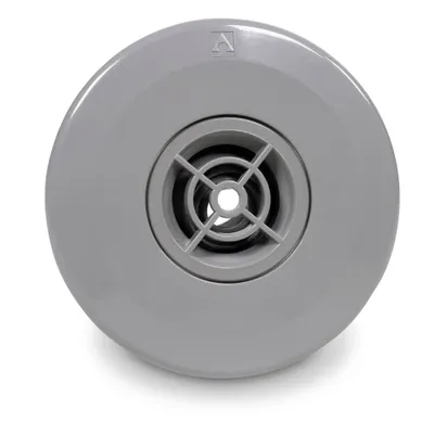 A close-up, front-facing view of a gray pool inlet nozzle with a grid pattern in the center.