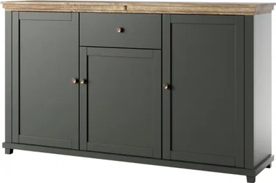 Produktbild von Sideboard Landhaus Design EPSOM-83 in grün mit Lefkas Eiche Nb. Knopfgriffe messingfarben, B/H/T: ca. 160/93/42 cm