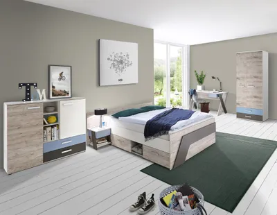 Produktbild von Jugendzimmer Komplett-Set mit Bett 140x200 cm mit Kleiderschrank LEEDS-10 in Sandeiche Nb. mit weiß, Lava und Denim Blau