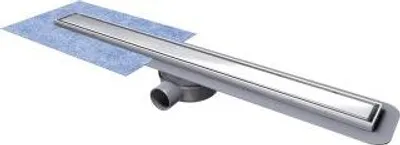 A linear shower drain with a blue waterproofing membrane underneath.