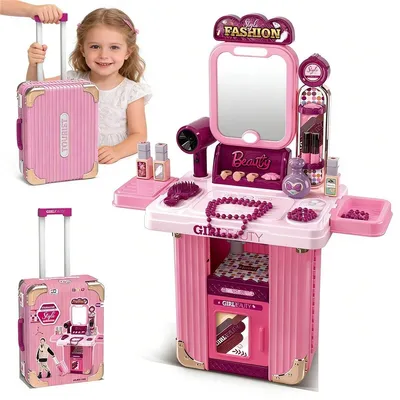 Obrázek produktu pro Dětský toaletní stolek 2 v 1 pro holčičky, dětský toaletní stolek a kadeřnický stolek Princess, dětské kosmetické studio, sada na líčení a kadeřnictví pro děti od 3 let (růžová)