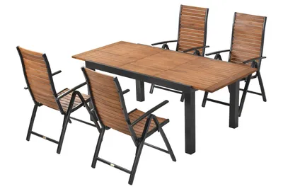 A set of outdoor furniture, including a table and four chairs, displayed on a white background.