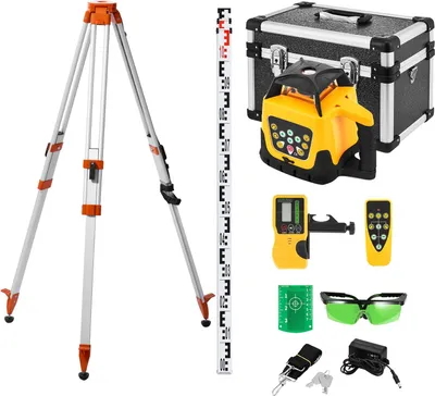 Produktbild von Rotationslaser-Nivellierset - Baulaser - Stativ & Messlatte - 500 m Reichweite - 360° Drehbar - Neigungsfunktion - Einstellbarer Scanwinkel - Fernbedienung & Tasche - Grün
