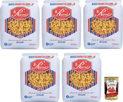 Produktbild von 5x Russo Ditalini N°112 Hartweizengrieß Pasta,100% Italienischer Weizen,500g-Packung + Italian Gourmet Polpa di Pomodoro 400g Dose
