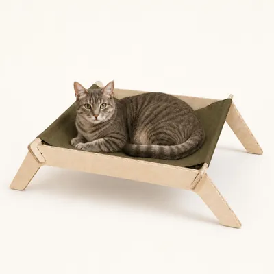 Image de Lit pour chat surélevé en bois avec hamac en coton lavable - Couchage pour chat, taille L 79,5 x 42,5 x 19 cm - Khaki