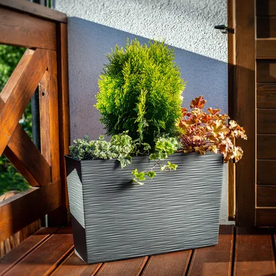 Produktbild von kadax Blumenkasten Sorbo, Kunststoff, Grafit, 56 cm, mit Einsatz & Bewässerungssystem, Ritzmuster, für Balkon, Terrasse & Wohnung, frost-, witterungs- & UV-beständig, kratz- & verformungsresistent