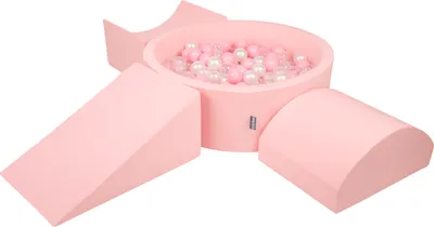Produktbild von KiddyMoon spielplatz aus schaumstoff mit rund bällebad (300 bälle) ballgruben für babys spielbad hindernisläufen, hergestellt in der eu, pink:puderrosa/perle/transparent