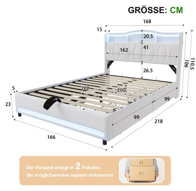 Obrázek produktu pro Postel s čalouněnou konstrukcí - manželská postel 160 x 200 cm - LED čelo s USB-C portem - hydraulický úložný prostor - s roštovou základnou, bez matrace - béžová