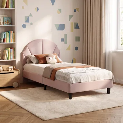 Immagine prodotto di Letto imbottito INONEFT, 90x200 cm, con testiera a forma di fiore, letto singolo per ragazzi, letto per bambini in velluto, colore rosa