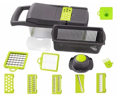 A collection of vegetable and fruit cutting attachments and a main cutting unit are arranged on a white background.