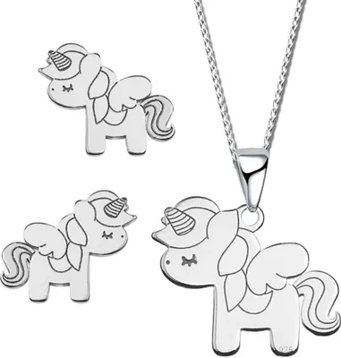 Produktbild von Mädchen Halskette  925 Echt Silber mit Anhänger 925er Ohrringe Einhorn Pferde für Kinder Schmuck Set A21+A22+40cm