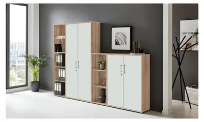 Produktbild von abschließbare Regalwand Aktenschrank Büroschrank Schrankwand Büromöbel in Eiche Sonoma/weiß (Set 4)