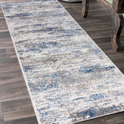 Image de Tapis de couloir 100 x 425 cm, gris et bleu. Tapis moderne pour entrée, couloir, chambre, cuisine. Motifs abstraits. Référence : G509B WHITE/D_BLUE