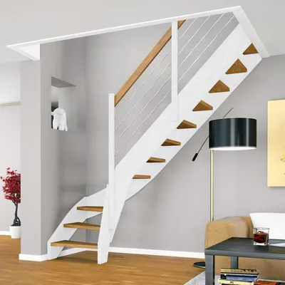 Produktbild von Dolle Raumspartreppe Faro 1/4-gewendelt 243-299cm GH 55-75cm breit Eiche weiß Relinggeländer aus Edelstahl