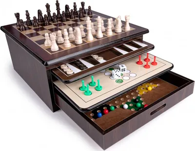 A multi-game wooden box with several game boards and pieces visible.