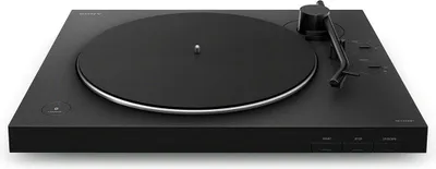 A black Sony turntable is shown from a slightly elevated, front-left angle against a white background.