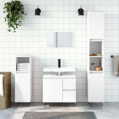 A modern bathroom vanity set with storage cabinets and a sink.