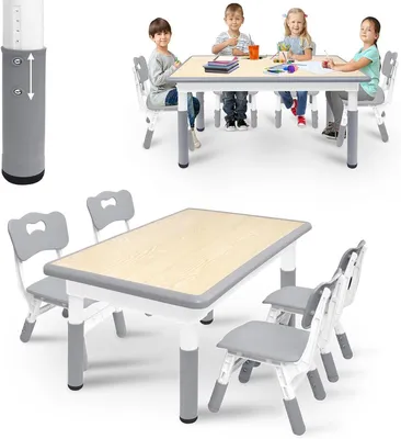 Immagine prodotto di Tavolo per bambini con sedie - Set di mobili per bambini - Per mangiare e giocare - Regolabile in altezza - 120 x 60 cm - Grigio