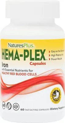 A white bottle of Natures Plus Hema-Plex Iron capsules with a yellow label and red graphic.