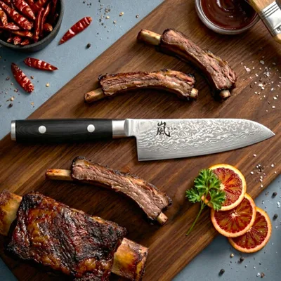 Image de Couteau Santoku Yaxell, lame de 12,5 cm, acier damassé inoxydable 69 plis, manche en Micarta.