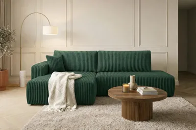 Zdjęcie produktu dla Narożnik z funkcją spania i pojemnikiem, tkanina sztruksowa Tilia, Zielony, Lewy, OPEN XL