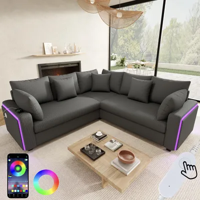 Immagine prodotto di Divano ad L Merax con illuminazione a LED, porta di ricarica USB, cuscini, tessuto in velluto a coste, divano moderno per soggiorno, camera da letto, appartamenti, grigio