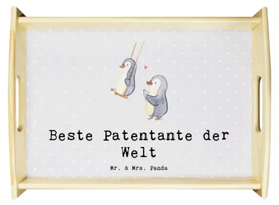 Produktbild von Mr. & Mrs. Panda Dekotablett Pinguin Beste Patentante der Welt - Grau Pastell - Geschenk, Tablett, betttablett, Geschenkidee, Nichte, Dankeschön, Holztablett, Servier