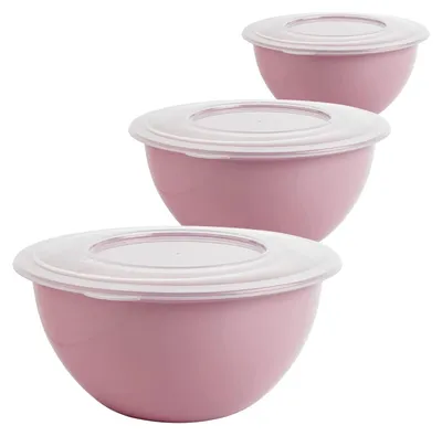 Produktbild von 3er Set Kunststoff Salatschüsseln Rührschüssel Pastellrosa mit Deckeln 5 Liter